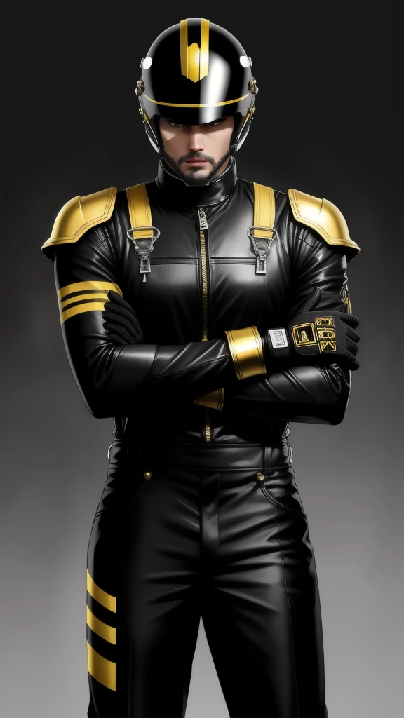 A avatar of a tall man, a misterious racer, stands trusting in a black racing helmet, adorned with gleaming gold accents, paired with sleek black overalls with a gold vertical stripes and vibrant black gloves, striking a victory pose. in a neutral background. High Quality, Realistic (Helmet) (right arm up)