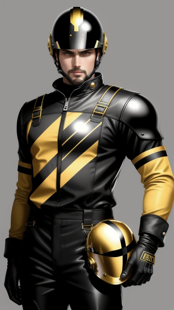 A avatar of a tall man, a misterious racer, stands trusting in a black racing helmet, adorned with gleaming gold accents, paired with sleek black overalls with a gold vertical stripes and vibrant black gloves, striking a victory pose. in a neutral background. High Quality, Realistic (Helmet) (right arm up)