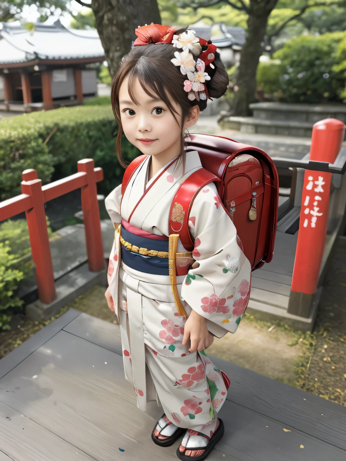 Masterpiecd, hd, realistic, Portrait, Best Quality, High resolution, 1girl, brown hair, ponytail, hair ornaments, hair ribbon, carrying a school backpack、(school backpack:1.1), Wearing a Japanese kimono at a summer festival at a shrine, (kimono:1.1), outdoor, standing, full body