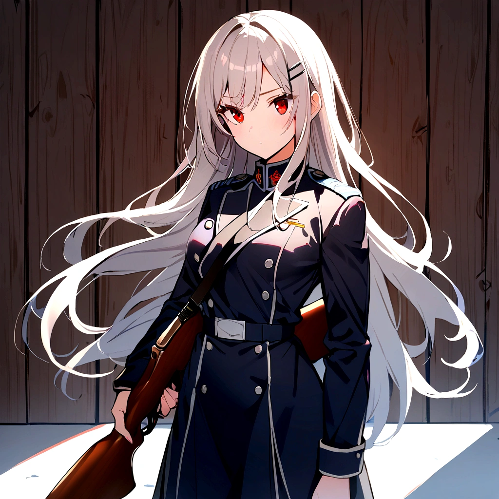 1girl, dark blue military uniform, grey blond hair, long hair, red Eyes, hairclip, wooden rifle, wall background