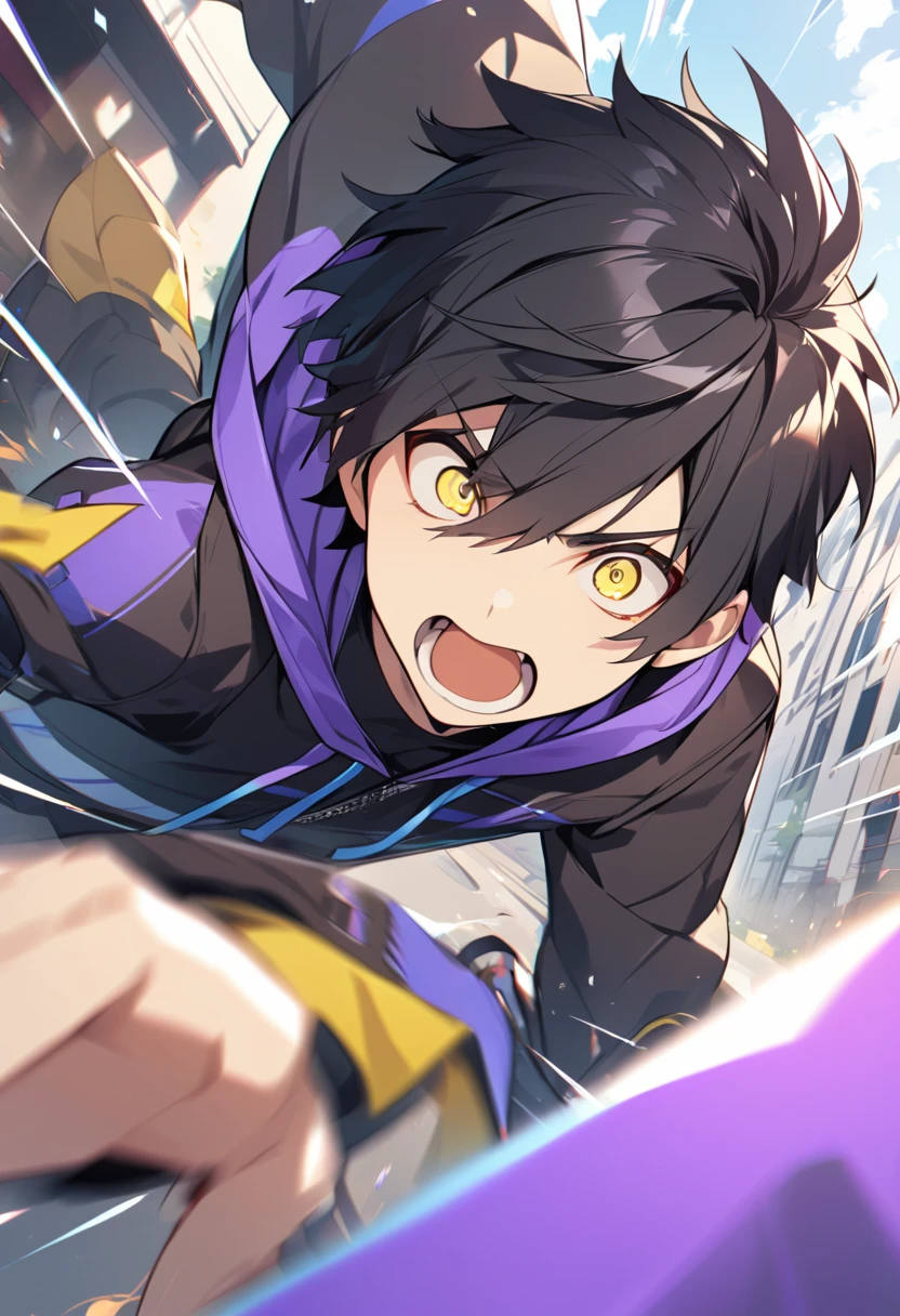 (One cute boy,Black hair with blue-purple stripes,Shortcuts,yellow eyes,Sharp Eye,Hooded coat,Dynamic Angle)