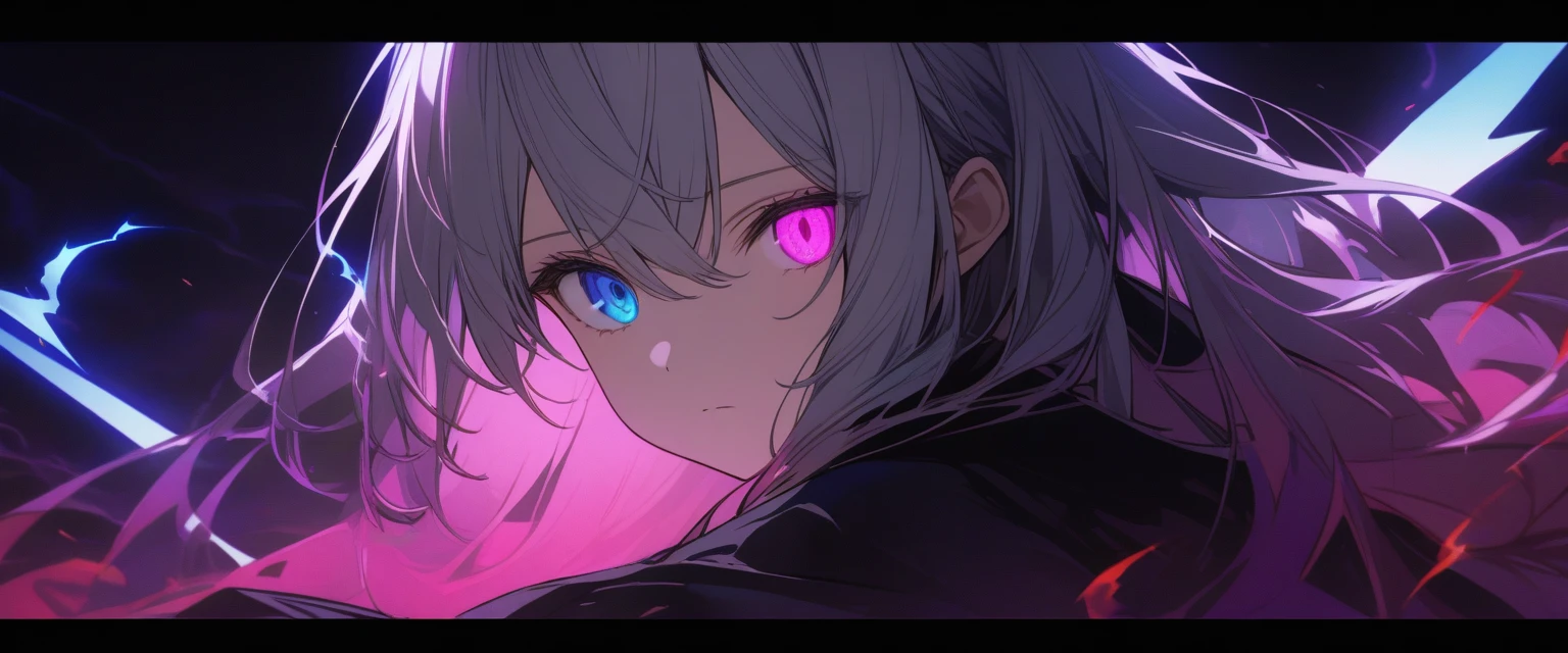 elementary, Shadow Surrounding the Girl, lightning, Green Aura, Red aura, Purple aura, Flames surrounding the girl, masterpiece, Dark Theme, Highest quality, Maximum details, Very beautiful eyes, Professional coloring, cinematic lightning, rest, Written boundary depth, Backlight, One Girl, Young girl, Silver Hair, Long Hair, Hair between the eyes, Black Halo, Shining blue sea, Blue Flame, big, black, Has translucent magical wings on its back, Fantasy-inspired costumes, blackのロングコート, shirt, blackいズボン, Expressionless, Heterochromia iridis, Purple left eye, Blue right eye, Strange Eyes, Glowing Eyes, Show a close-up of the face, Look forward, Countless magical swords floating, Slash effect[Suitable for use]
