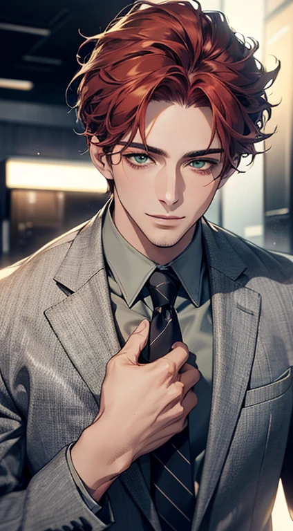 (Highest quality,4K,8K,High resolution,masterpiece:1.2),Super detailed,(Realistic,photoRealistic,photo-Realistic:1.37),1 person,31 years old,Mature Men,Beautiful skin、very handsome,Expressionless smile in love,Short gray red hair,green eyes,Sharp Eyes,A perfect face without a doubt,Businessman,Office Background,Cinema Lighting,HDR image,tie、