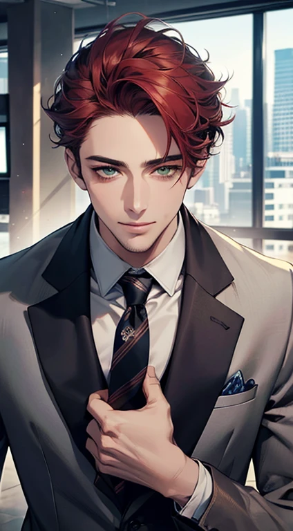 (Highest quality,4K,8K,High resolution,masterpiece:1.2),Super detailed,(Realistic,photoRealistic,photo-Realistic:1.37),1 person,31 years old,Mature Men,Beautiful skin、very handsome,Expressionless smile in love,Short gray red hair,green eyes,Sharp Eyes,A perfect face without a doubt,Businessman,Office Background,Cinema Lighting,HDR image,tie、