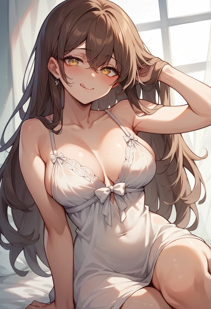 Girl with long brown hair and light yellow eyes with a sensual smile wearing a white nightgown that goes up to her chest and falls over her shoulders leaving her breasts naked and exposed,She is showing her tongue mockingly while blushing slightly