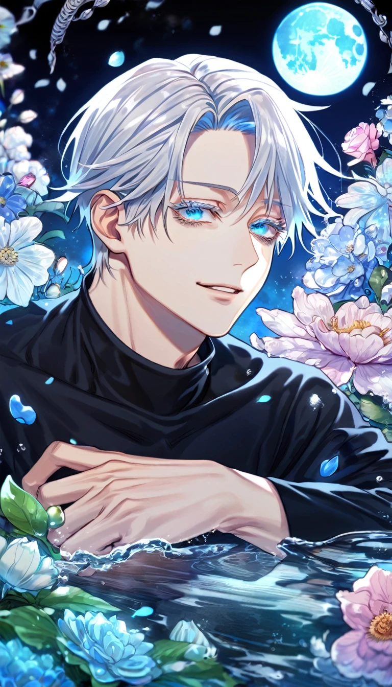 absurdres, highres, ultra detailed, HDR, master piece, Okkotsu Yuuta, white hair, white eyelashes, expressive blue eyes, Jujutsu Kaisen, sexy man, handsome, best quality, blue moon, flowers, fantasy, magical, solo, water, blue shining fireflies, blue petals, black tight shirt, handsome smile,