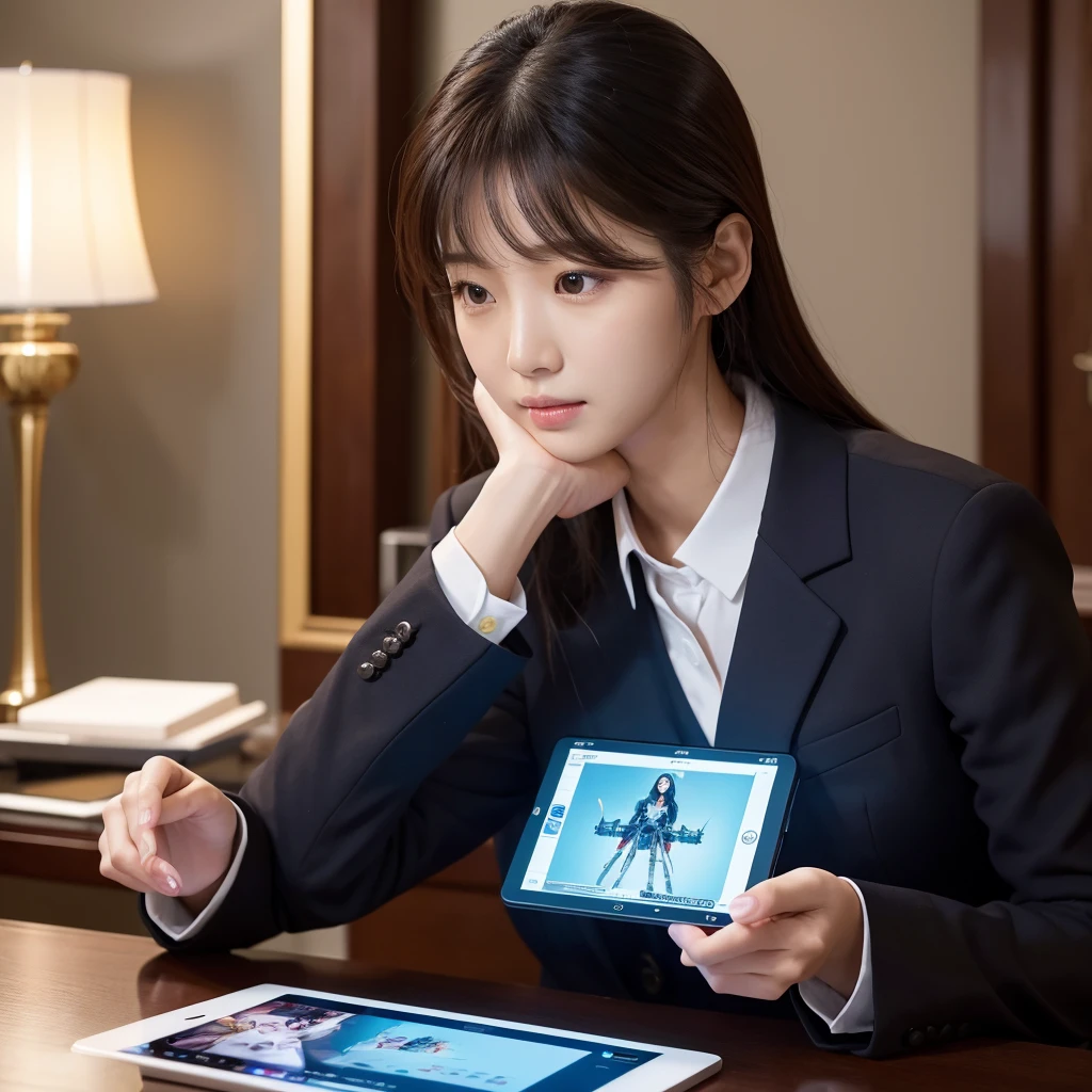 Woman in suit using tablet computer in room, work, San Yun-ju, Live-action movie stills, Park Shin Hye plays a super villain, Full Device, With the magic tablet, Super villain IU Lee Ji-eun, Profile Pose, [ Realistic photos ]!!, Shin Min-jung, Serious Work, sloth, Elegant appearance