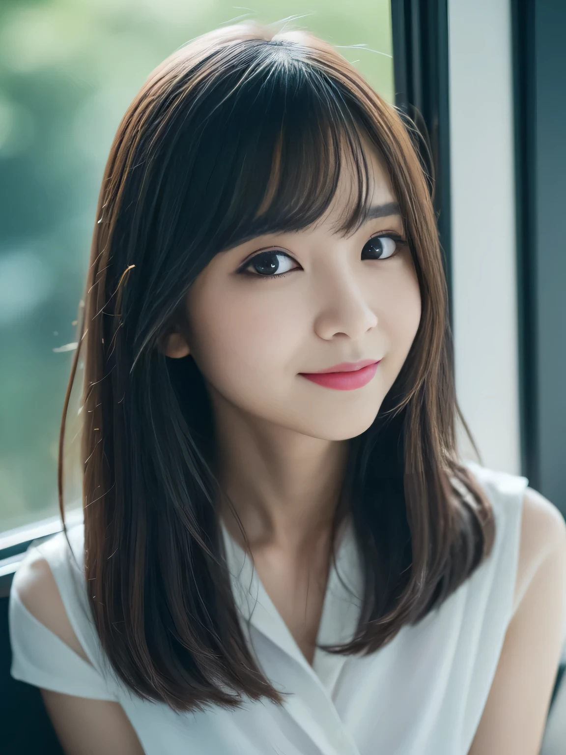((top-quality, 8K, masterpiece:1.3)), beautiful Girl, pure, Melon face, gentle and cute, A sweet smile, pure lust, slender figure, (The upper part of the body), (frontage), (tilted head), Look directly at the camera, Uniforms, white shirt, blue skirt, obi, Formal, Black silky long straight hair, long hair flowing over the shoulders, round black big eyes, clear big eyes, Wet red lips, Dolce, sitting on bed, Window sill background, Random body orientation,
