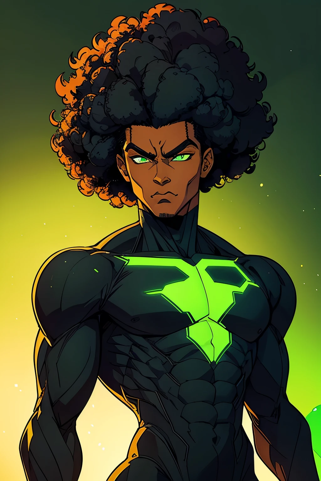 generate a black american with afro, speedster with a green and black suit, his logo on his chest is lighting, he has afro hair, and has green eyes, comic style anime bold lines