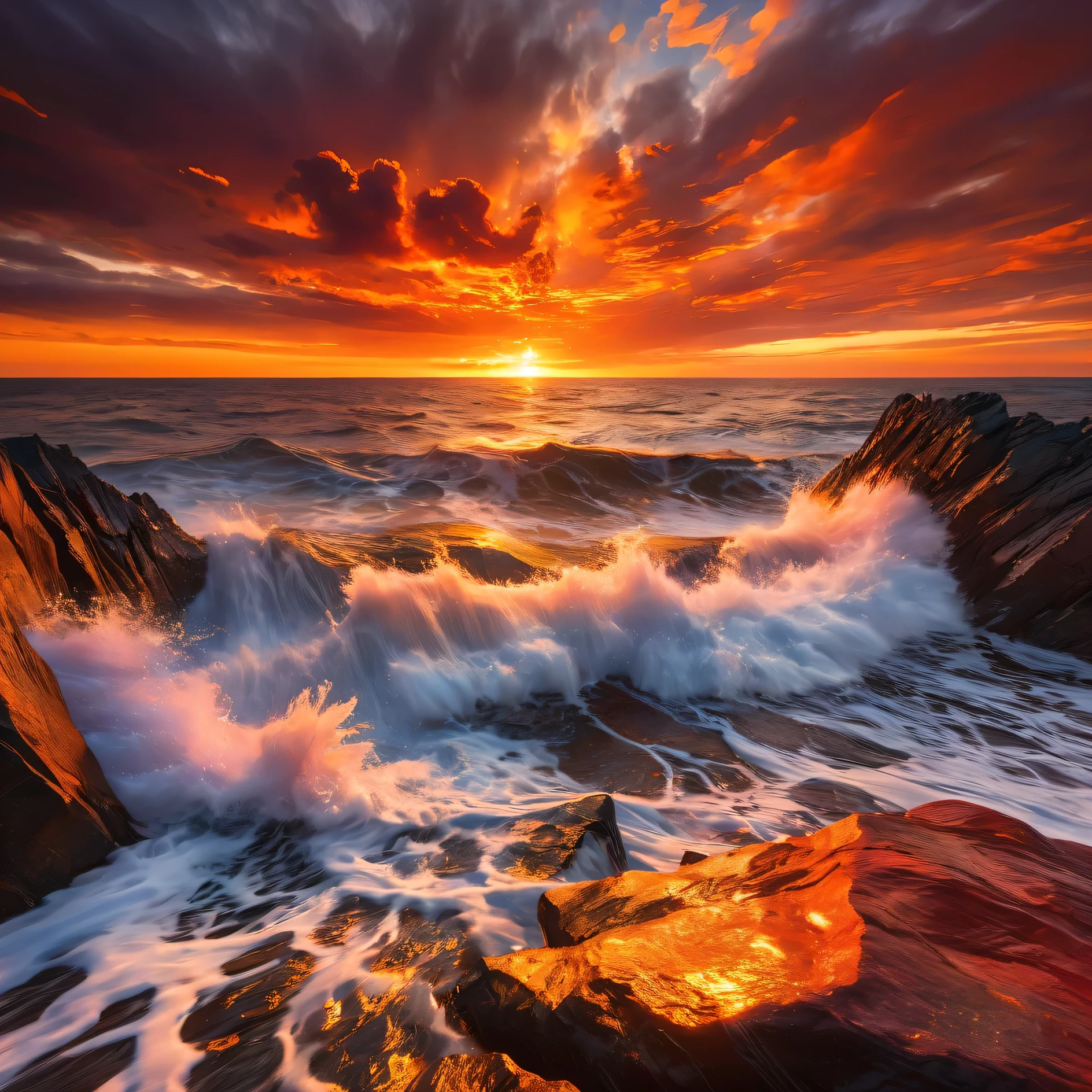 intense and breathtaking view of a fiery sunset over the ocean horizon, with the sky ablaze in shades of orange, red, and gold. The waves crash vigorously against the jagged rocks lining the shore, sending shimmering sprays of water into the air. The juxtaposition of the vibrant sky and the powerful waves create a sense of drama and energy in the scene.