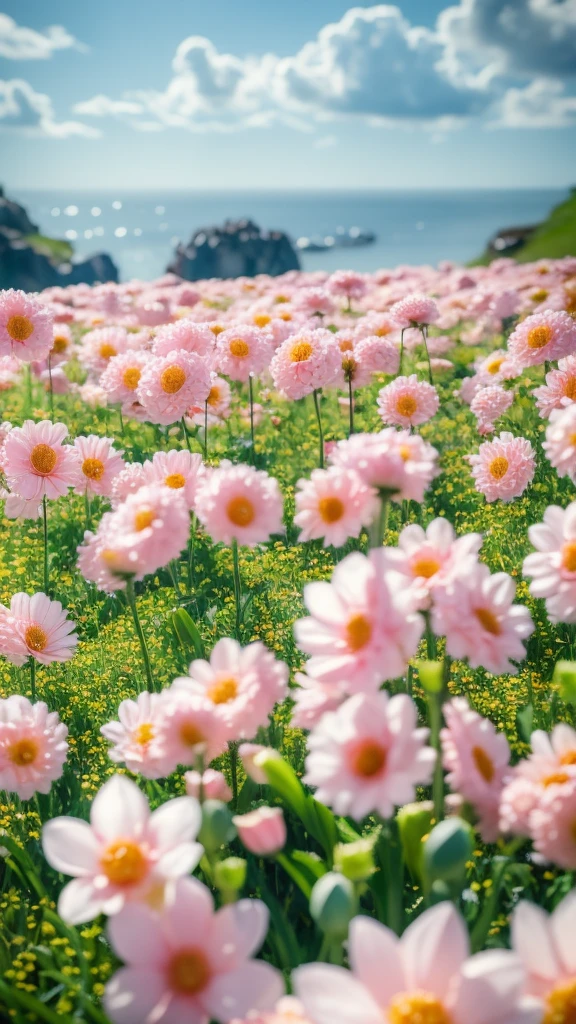 Transparent glass flower,Outdoor scene,Sea of Flowers,Flowers,粉红色Flowers,Dream Scenes,Depth of Field,masterpiece,High-resolution details,wallpaper,3D Art,C4D,oc rendering,Surrealism,YUNY,白色Flowers,chahua,