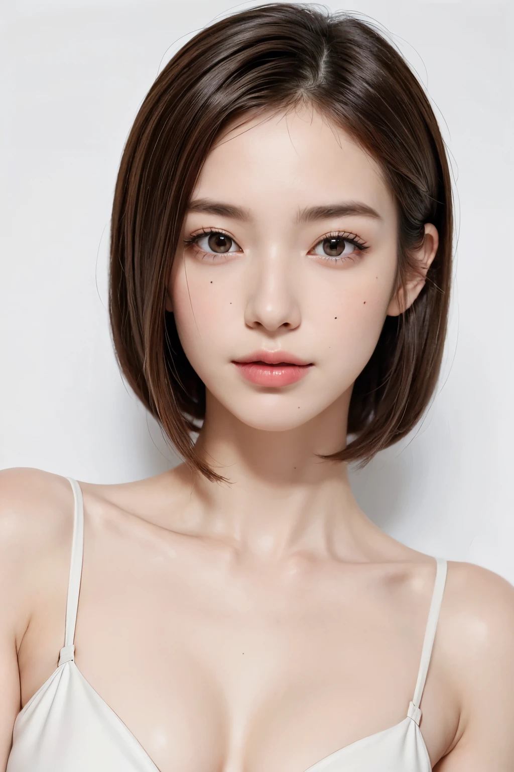 ((masterpiece, Highest quality, High resolution)), One Girl, (Realistic: 1.4), alone, White Background, snow-White Background, ((From above, A little above, look up at the viewer, look up, look up at the camera, Looking into the camera)), Mouth closed, Smile, Smile, Smile, Beautiful black hair, short hair, Big eyes, Transparent double eyelids, eyelash, Listen carefully, Long neck, Long neck, Absolute area, (Draw the whole head, shoulder), 19 years old, Attractive proportions, Shiny skin, Beautiful collarbone, Golden ratio face, Perfect Face, Tearful mole, Mole on chest, bangs, clean bangs, Lip gloss, Thin lips, Fair skin, naked, Big Breasts, Small face, Small face, Draw the whole head, draw all shoulder,