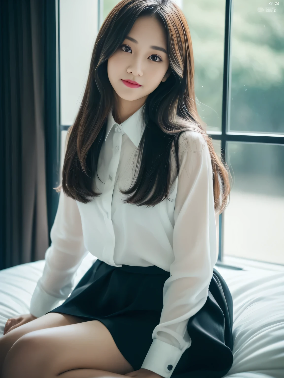 ((top-quality, 8K, ​masterpiece:1.3)), beautiful Girl, pure, Melon face, gentle and cute, A sweet smile, pure lust, slender figure, (The upper part of the body), (frontage), (tilted head), Look directly at the camera, Uniforms, white shirt, blue skirt, obi, Formal, Black silky long straight hair, long hair flowing over the shoulders, round black big eyes, clear big eyes, Wet red lips, Dolce, sitting on bed,  Window sill background, Random body orientation,