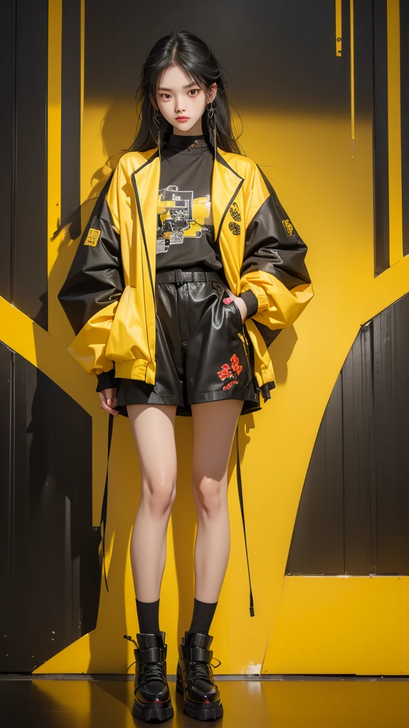 (Highest quality:1.2)。One Woman。Angry expression。(Wearing a yellow jacket cyberpunk coustem)。(stand)。The background is a black。(black shoes) , (full face) 