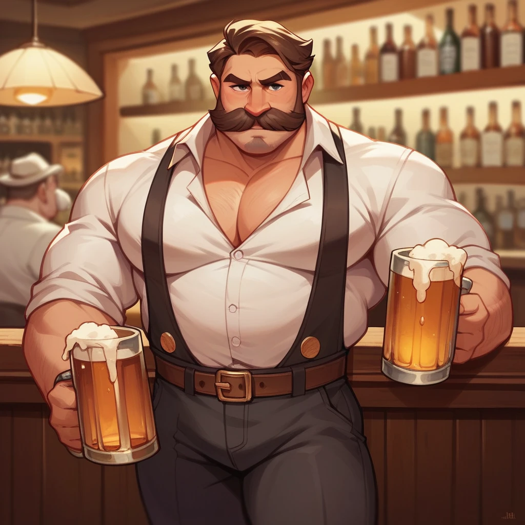 1man,Old West, Bartender, Beer, Whiskey, Liquor Shelf, Huge Mustache, Period Clothing,