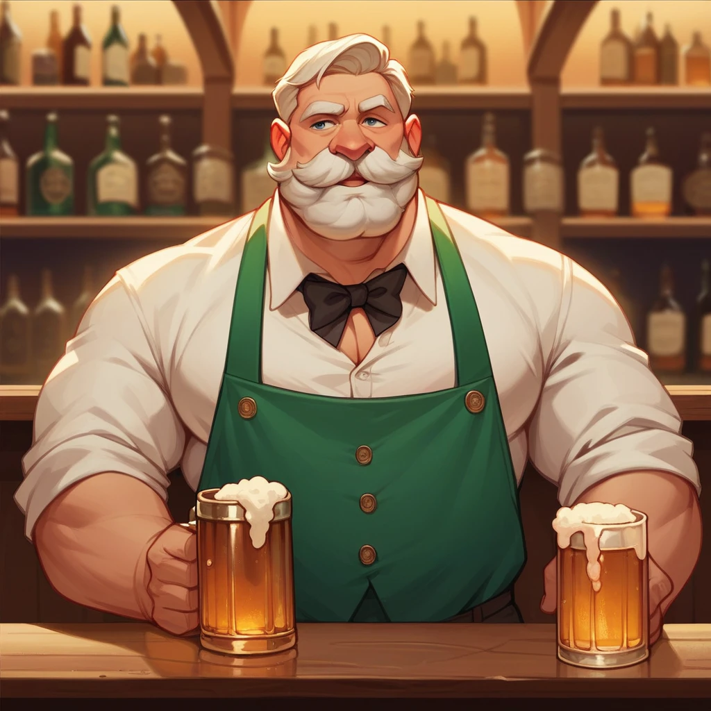 1man,Old West, Bartender, Beer, Whiskey, Liquor Shelf, Huge Mustache, Period Clothing,