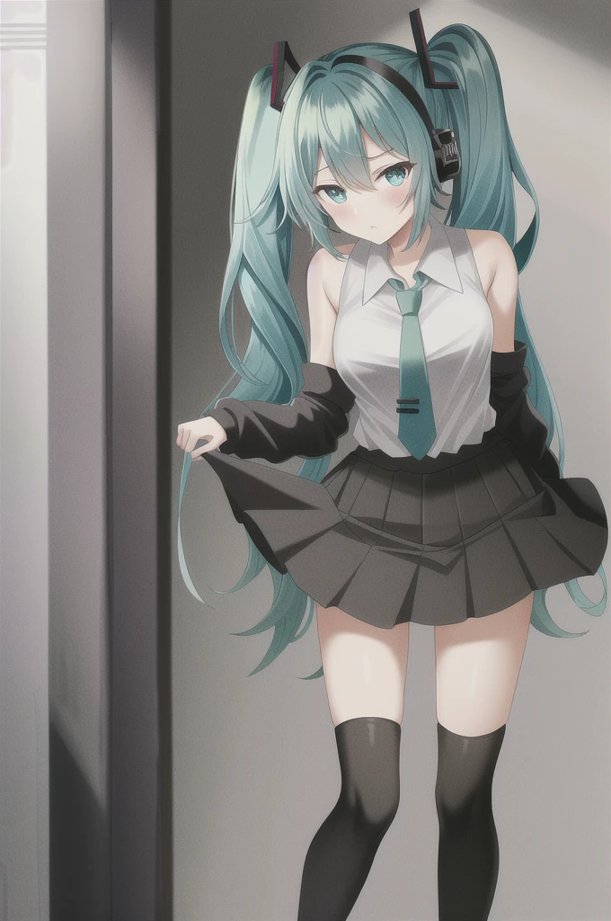 sexy pose, skirtlift hatsunemiku, miku hatsune, ahoge, aqua eyes, aqua hair, crossed bangs, hair between eyes, hair ornament, headphones, long hair, twintails, BREAK aqua necktie, black footwear, black skirt, black sleeves, boots, collared shirt, detached sleeves, grey shirt, necktie, pleated skirt, shirt, skirt, sleeveless, sleeveless shirt, thigh boots, tie clip, BREAK looking at viewer, BREAK outdoors, city, BREAK (masterpiece:1.2), best quality, high resolution, unity 8k wallpaper, (illustration:0.8), (beautiful detailed eyes:1.6), extremely detailed face, perfect lighting, extremely detailed CG, (perfect hands, perfect anatomy), Get blush, (Best Quality: 1.5), (black-red lingerie panties). (((Twisting the skirt))). Detailed female genitalia. (((Trembling girl ))). Big Breast. get blush. (((Grabbing the hem of the skirt))). Pants with drawstrings on the sides. Full body standing. Pubic tattoo,