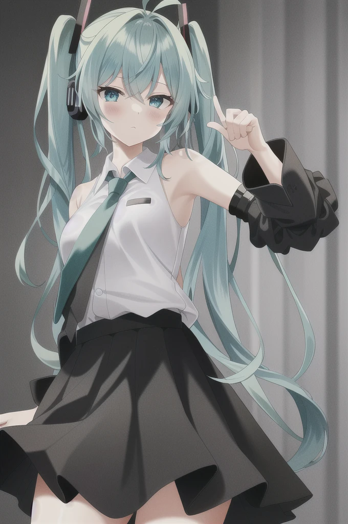 skeleton, sexy pose, skirtlift hatsunemiku, miku hatsune, ahoge, aqua eyes, aqua hair, crossed bangs, hair between eyes, hair ornament, headphones, long hair, twintails, BREAK aqua necktie, black footwear, black skirt, black sleeves, boots, collared shirt, detached sleeves, grey shirt, necktie, pleated skirt, shirt, skirt, sleeveless, sleeveless shirt, thigh boots, tie clip, BREAK looking at viewer, BREAK outdoors, city, BREAK (masterpiece:1.2), best quality, high resolution, unity 8k wallpaper, (illustration:0.8), (beautiful detailed eyes:1.6), extremely detailed face, perfect lighting, extremely detailed CG, (perfect hands, perfect anatomy), Get blush, (Best Quality: 1.5), (black-red lingerie panties). (((Twisting the skirt))). Detailed female genitalia. (((Trembling girl ))). Big Breast. get blush. (((Grabbing the hem of the skirt))). Pants with drawstrings on the sides. Full body standing. Pubic tattoo,