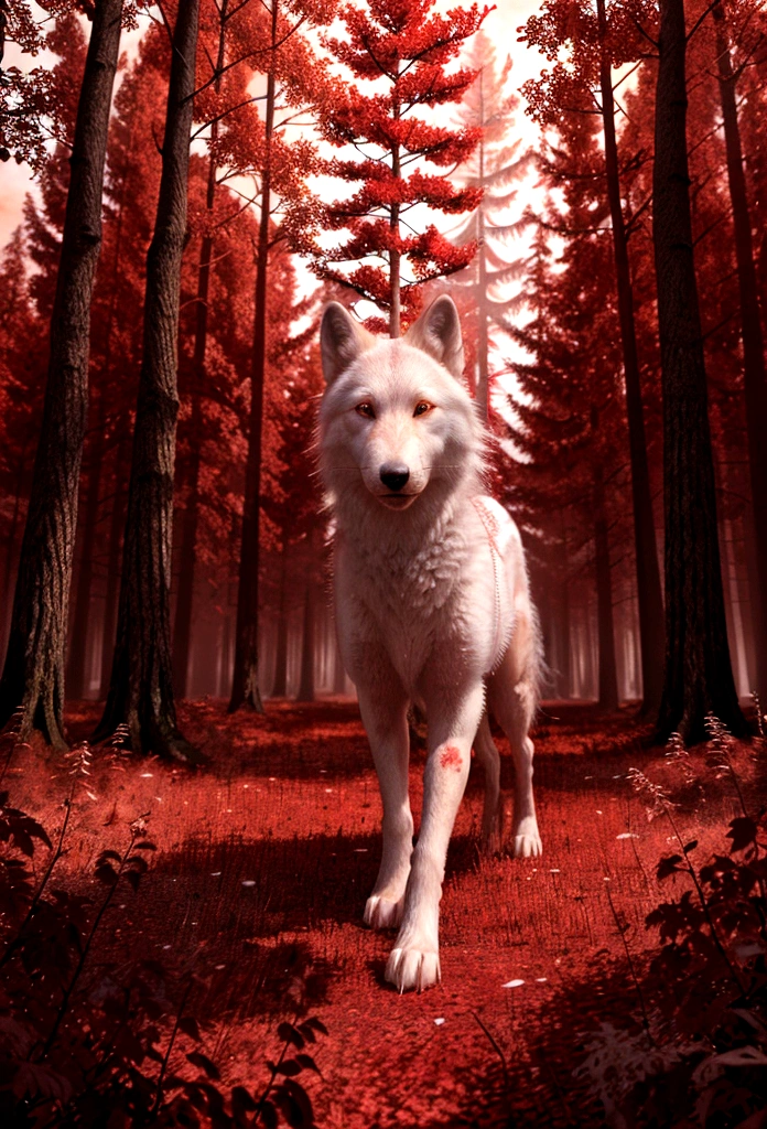 (work of art, best qualityer:1.2), realistic white wolf , In the ancient forest,  in a red dream world, red forest, in a red forest, incredible depth, red mood in background, shades of red, fot