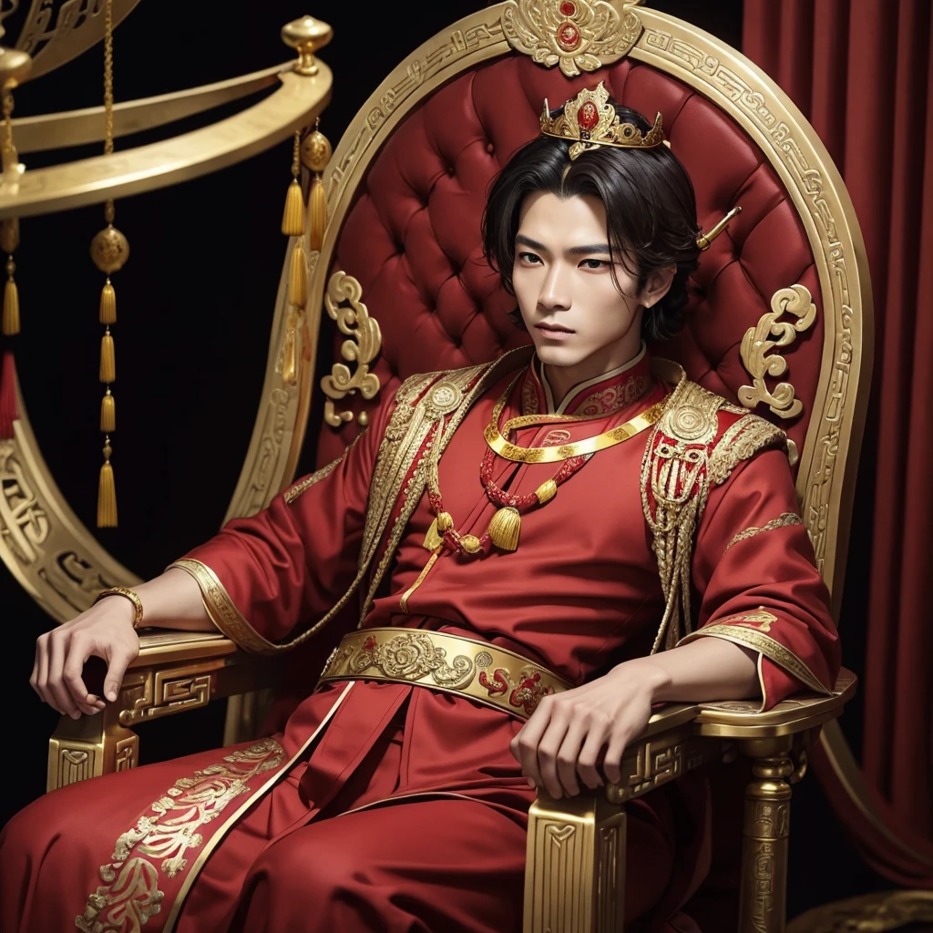 a man ai wearing red and gold combination, handsome, wearing gold crown and accessories chinese vibes, sitting a gold chair, looking fear, perfect body, prince vibes