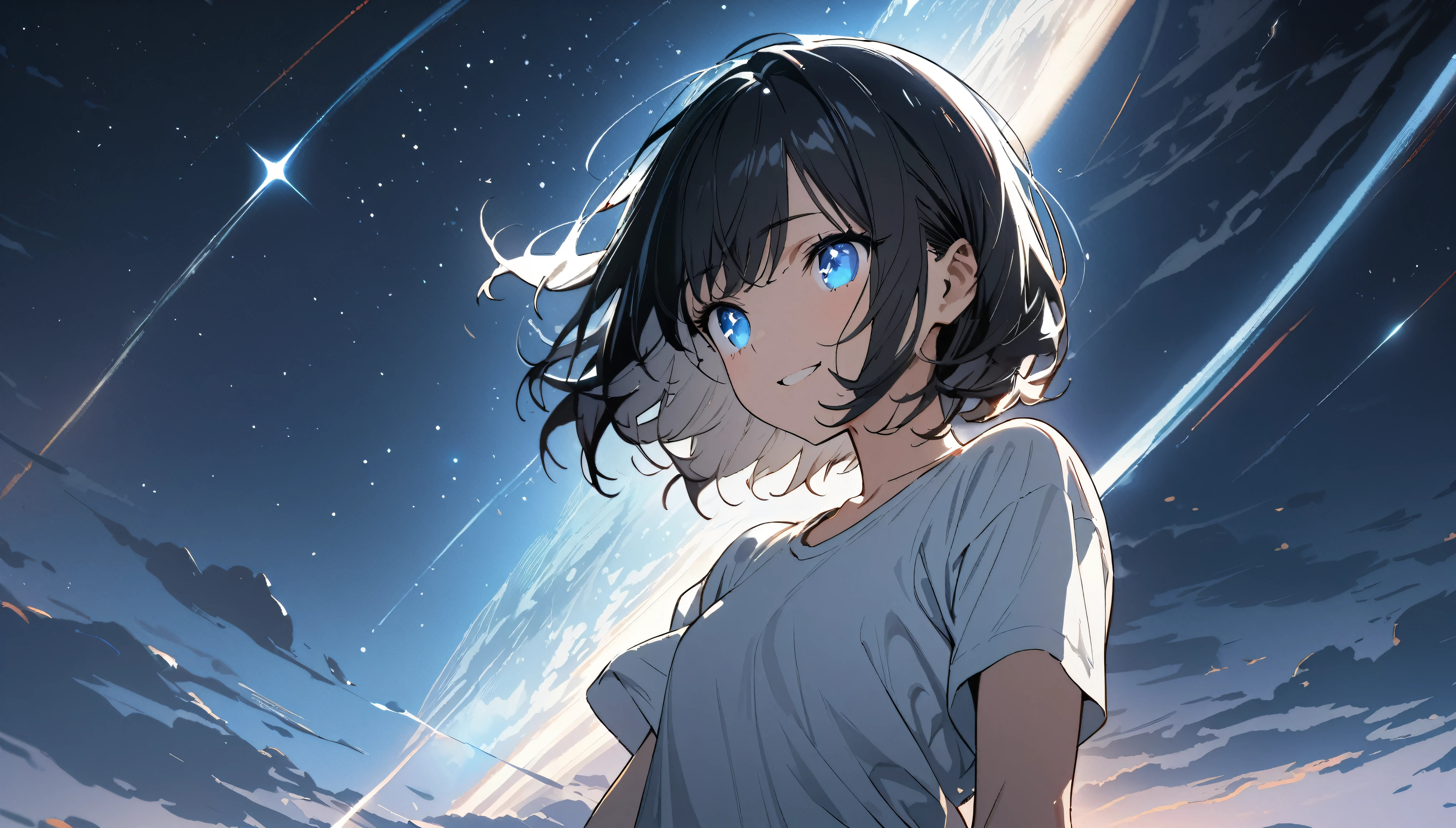 1girl, solo, blue eyes, (detailed eyes), flat chest, blue eyes, (detailed eyes), gentle smile on her face, short hair, black hair, ((white t-shirt)), simple t-shirt, black skirt, black socks, upper body, ((masterpiece, illustration, best quality)) standing on a field viewing the night sky with dark clouds and stars, a comet passing by, and many stars