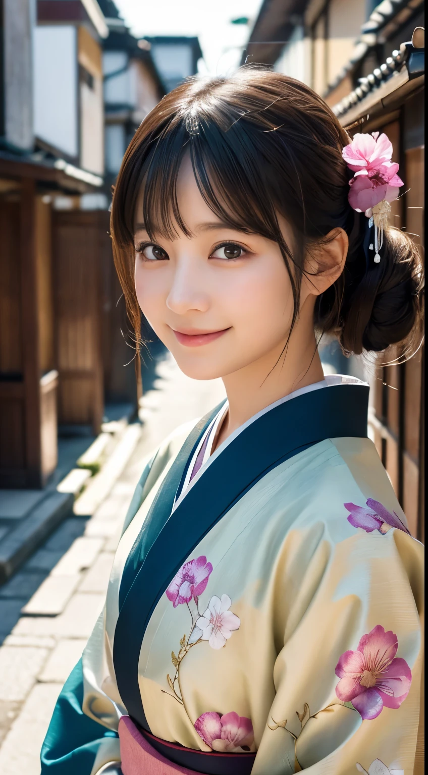 Professional Lighting,(Realistic:1.4), (Top image quality:1.0), (超High resolution:1.0), 8K, Raw photography, (masterpiece:0.2), (Dealing with the Children_v1:0.5)、(最高quality Detail:1.2)、Realistic、8K Ultra HD、High resolution、(1 Girl:1.2)、超detailedな、High quality textures、複雑なdetailed、detailed、Very detailed CG、High quality shadows、detailed 美しく繊細な顔、Beautiful details and a delicate eye、(Symmetrical eyes:1.2),Written boundary depth、Ray Tracing,1 Girl, Japanese Girls, (Natural smile:1.4),cute, thin, Portrait of a beautiful Japanese woman in a kimono, Standing elegantly on a street corner in Kyoto. Kimono with vibrant traditional patterns, Hair decorated with elegant and delicate hairpins, Gentle expression. (With the old streets of Kyoto in the background:1.4)、The soft light of a spring afternoon、Adding tranquility to the scene. Rendered in a Realistic style with great attention to detail, High resolutionの画像.Sky Porn, Magic Hour, (Realistic:1.3), finely, quality, (Tabletop:1.2), (Realistic:1.2), (最高quality), (複雑なdetailed), dramatic, Ray Tracing, photograph, +roller