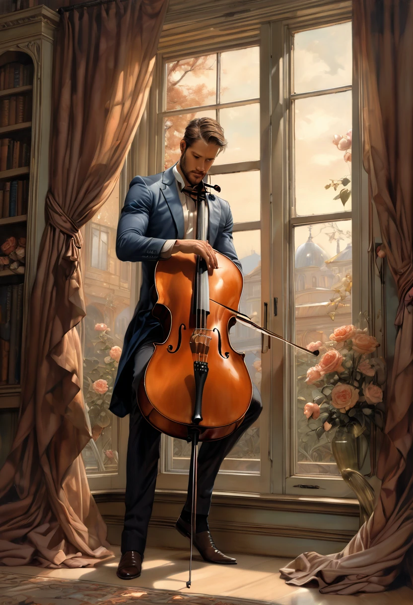 1 man staning bye the window starting to the viewer by Aaron Horkey and Jeremy Mann, masterpiece, best quality, Photorealistic, ultra-high resolution, photographic light, illustration by MSchiffer, fairytale, Hyper detailed In Roberto Ferri Art Style, from the window of my dark room, I see you manly, muscular, slender, strong, radiant, beautiful, athletic and harmonious body, you play the cello from whose strings come notes of various colors that disperse in the garden of flowers filling everything with light