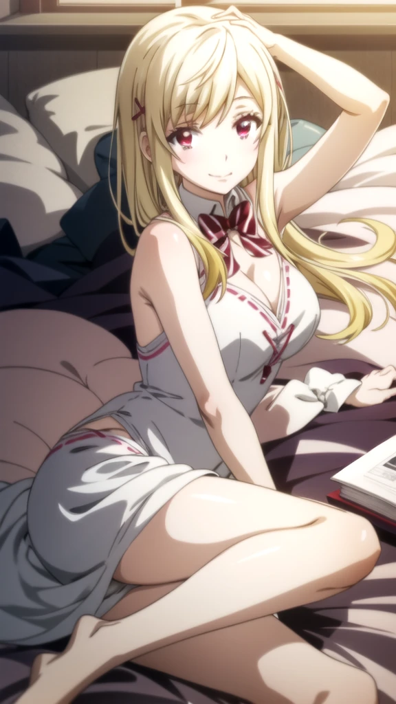 Anime girl lying on the bed in underwear., seductive anime girl, Best Anime Girl,  high school, beautiful and seductive anime woman, beautiful seductive anime teen, oppai, anime hi-fructose, attractive anime girl, anime girl named lucy, female anime character, anime girls, sankaku complex anime image, (anime girl) Yamada mocking smile_yellow, 1chica , by rubio, alone, wide, hair ornament, , smile, bow, red eyes my dress darling anime, beautiful seductress anime anime