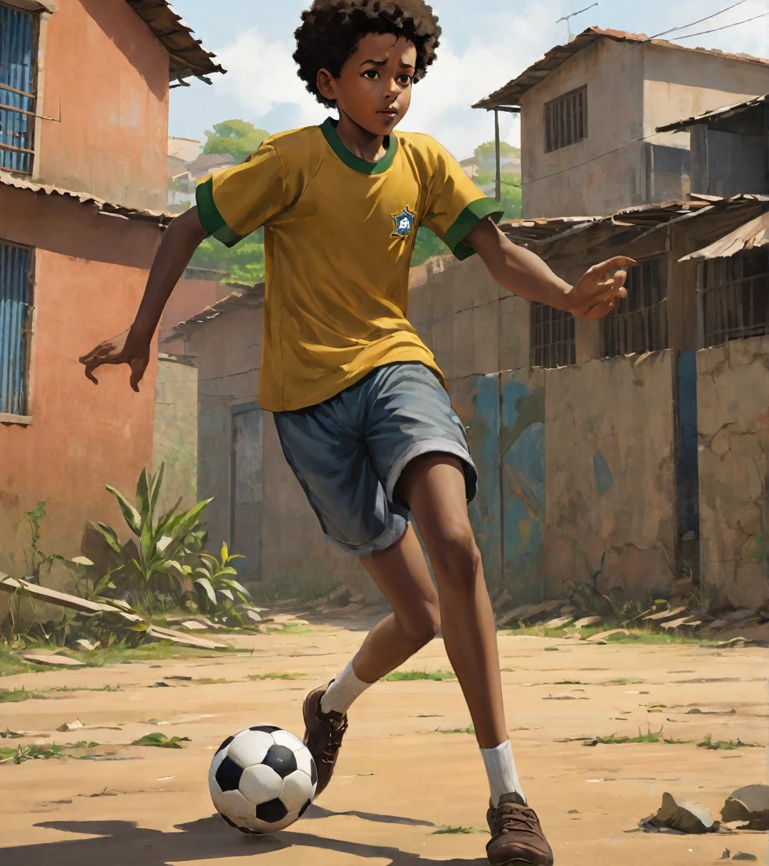 A poor Afro-Brazilian boy in a soccer field, in a favela in Porto Alegre Rio Grande do Sul Brazil drawn by Todd McFarlane and Greg Capullo, he is wearing old and torn clothes, he is shotting a soccer ball and playing with the ball with your dog, a soccer field in the background, Robert Downey Jr Reference., engine unreal, octane rendering, por Jacob Lawrence e Francis Picabia, perfect composition, beautiful detailed intricate insanely detailed octane rendering trending on artstation, 8k art photography, photorrealistic concept art, soft natural volumetric cinematic perfect light, Bright dark, rewarded photography, work of art, oil on canvas, rafael, caravaggio, Greg Rutkowski, beetle, Beksinski, giger, beautiful perfect face with perfect face, a smile on your face with two large central incisors, the detail, highy detailed, photo realist