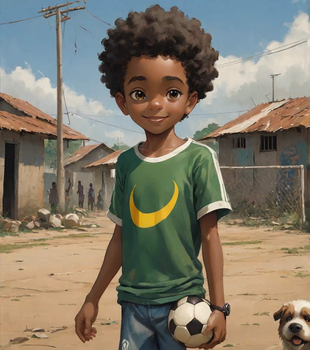 A poor Afro-Brazilian boy in a soccer field, in a favela in Porto Alegre Rio Grande do Sul Brazil drawn by Todd McFarlane and Greg Capullo, he is wearing old and torn clothes, he is shotting a soccer ball and playing with the ball with your dog, a soccer field in the background, Robert Downey Jr Reference., engine unreal, octane rendering, por Jacob Lawrence e Francis Picabia, perfect composition, beautiful detailed intricate insanely detailed octane rendering trending on artstation, 8k art photography, photorrealistic concept art, soft natural volumetric cinematic perfect light, Bright dark, rewarded photography, work of art, oil on canvas, rafael, caravaggio, Greg Rutkowski, beetle, Beksinski, giger, beautiful perfect face with perfect face, a smile on your face with two large central incisors, the detail, highy detailed, photo realist