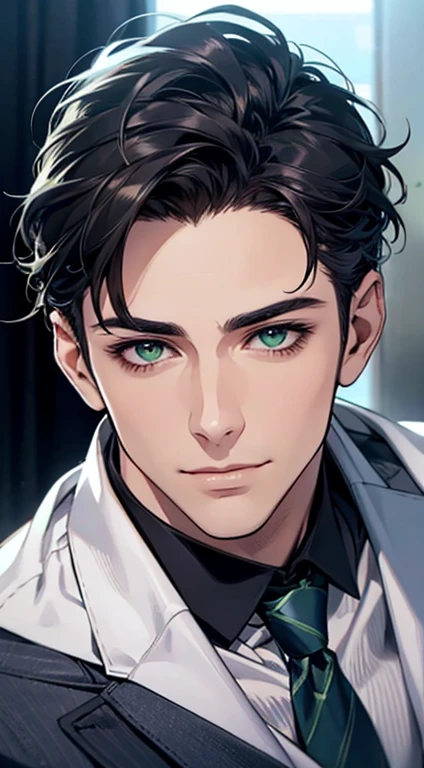(Highest quality,4K,8K,High resolution,masterpiece:1.2),Super detailed,(Realistic,photoRealistic,photo-Realistic:1.37),1 person,34 years old,Mature Men,Beautiful skin、very handsome,Expressionless smile in love,Short dark blue hair,green eyes,Sharp Eyes,A perfect face without a doubt,Businessman,Office Background,Cinema Lighting,HDR image,tie、