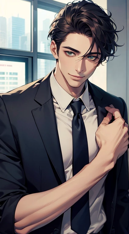 (Highest quality,4K,8K,High resolution,masterpiece:1.2),Super detailed,(Realistic,photoRealistic,photo-Realistic:1.37),1 person,34 years old,Mature Men,Beautiful skin、very handsome,Expressionless smile in love,Short dark blue hair,green eyes,Sharp Eyes,A perfect face without a doubt,Businessman,Office Background,Cinema Lighting,HDR image,tie、