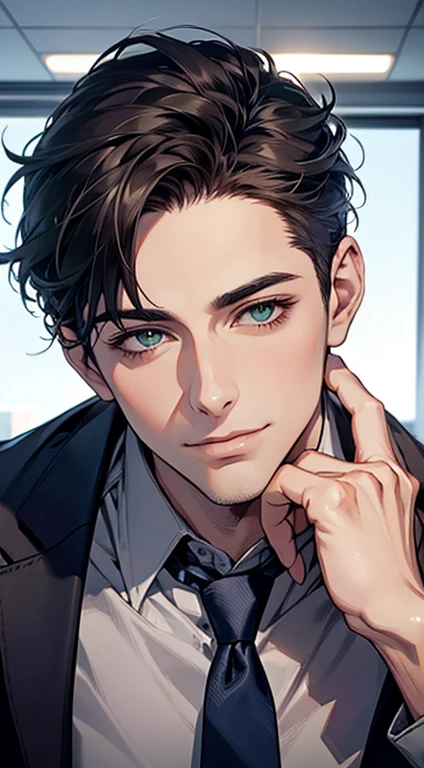 (Highest quality,4K,8K,High resolution,masterpiece:1.2),Super detailed,(Realistic,photoRealistic,photo-Realistic:1.37),1 person,34 years old,Mature Men,Beautiful skin、very handsome,Expressionless smile in love,Short dark blue hair,green eyes,Sharp Eyes,A perfect face without a doubt,Businessman,Office Background,Cinema Lighting,HDR image,tie、