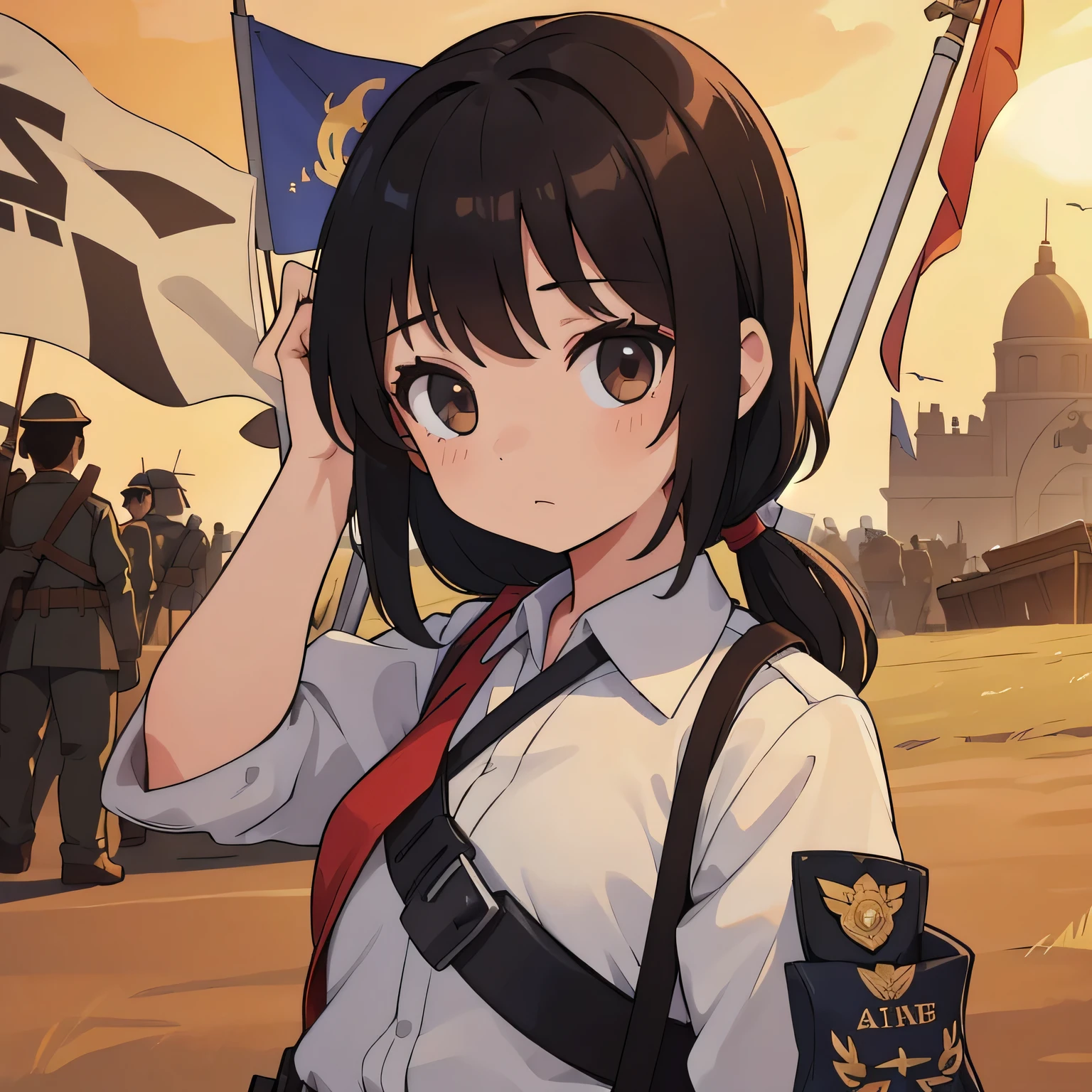 1 girl,
win the war, raise a flag, proud, busy