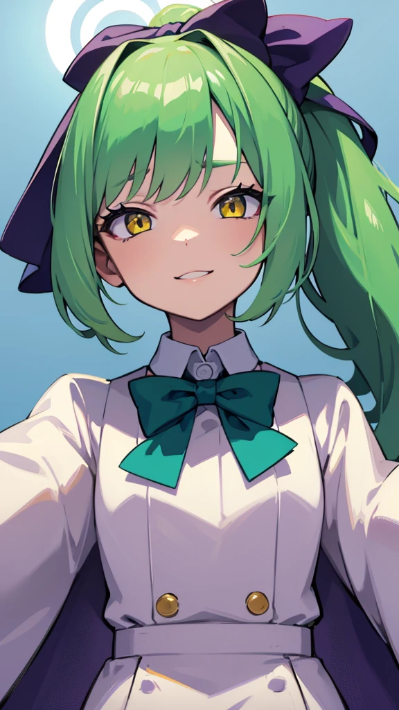 upper body,1girl,9  girl,green hair,yellow eyes,low ponytail,white suit,green overall,Purple bow tie,hyper detailed,cinematic lighting,detailed face,best quality,masterpiece,blue background