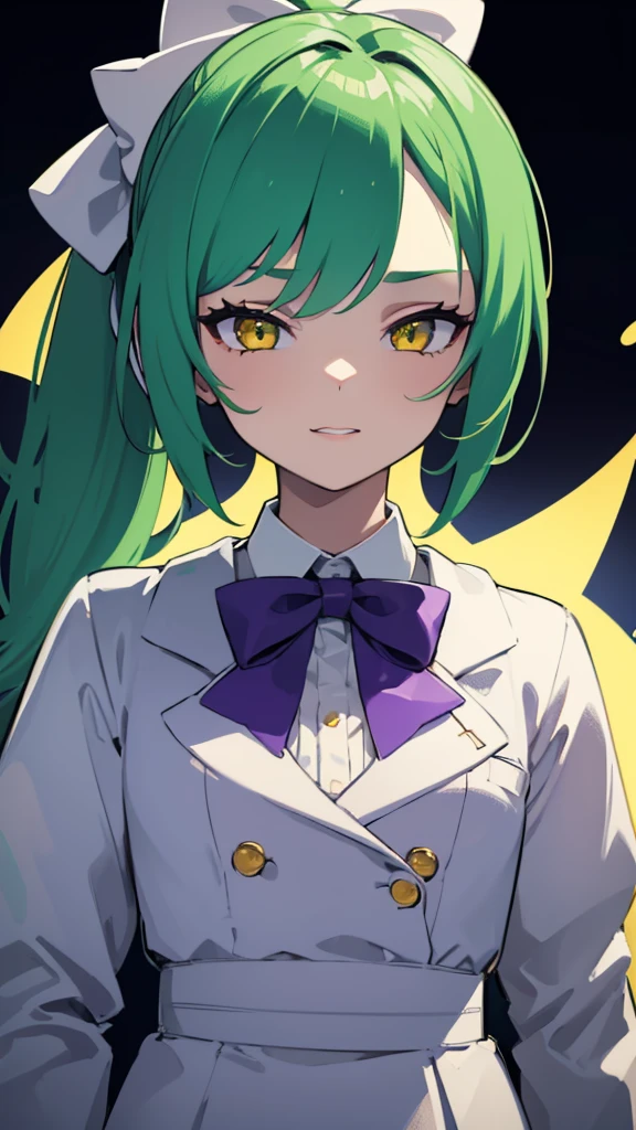upper body,1girl,9 year old girl,green hair,yellow eyes,low ponytail,white suit,green overall,Purple bow tie,hyper detailed,cinematic lighting,detailed face,best quality,masterpiece,blue background