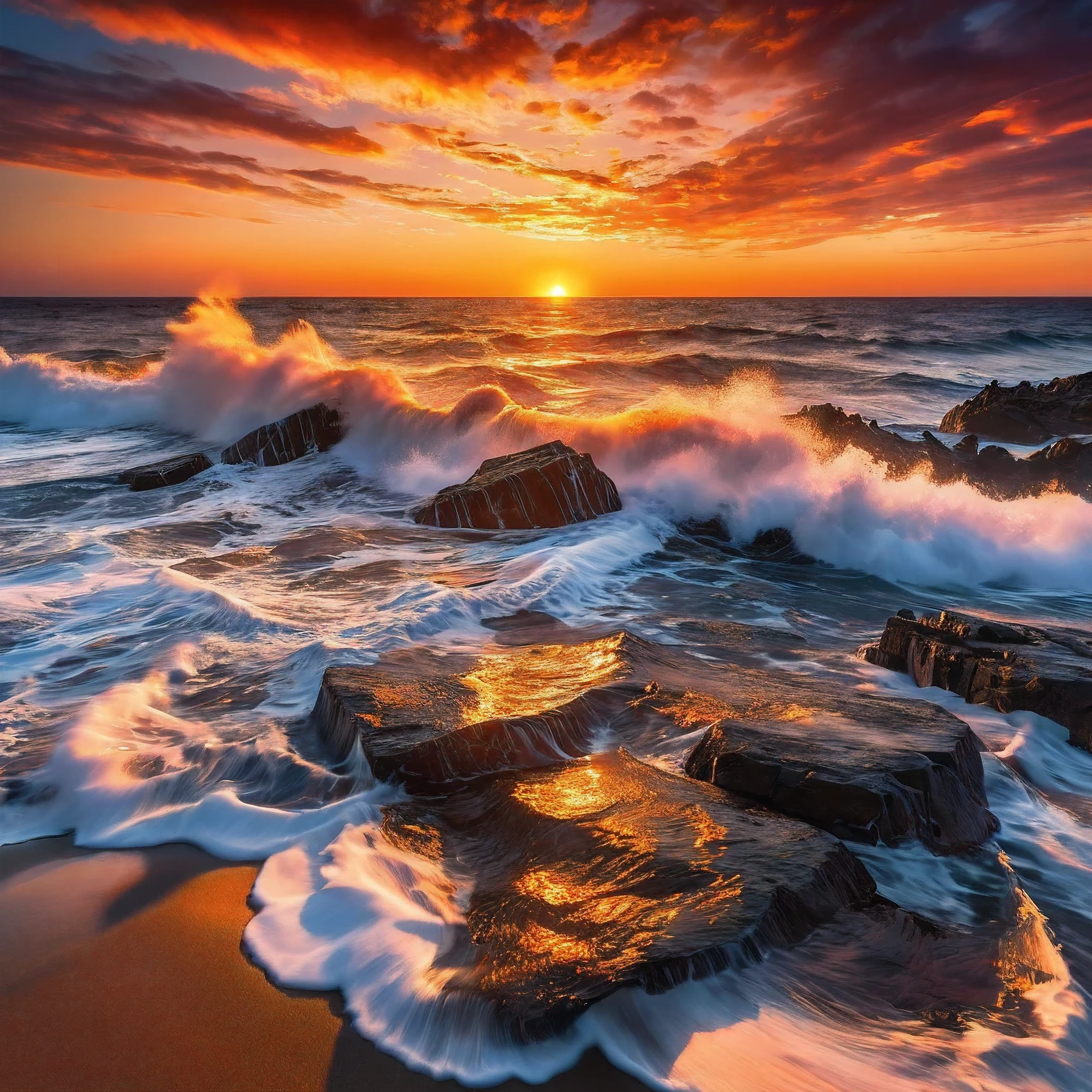 intense and breathtaking view of a fiery sunset over the ocean horizon, with the sky ablaze in shades of orange, red, and gold. The waves crash vigorously against the jagged rocks lining the shore, sending shimmering sprays of water into the air. The juxtaposition of the vibrant sky and the powerful waves create a sense of drama and energy in the scene.