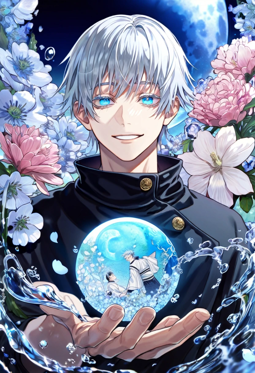 absurdres, highres, ultra detailed, HDR, master piece, Okkotsu Yuuta, white hair, white eyelashes, expressive blue eyes, Jujutsu Kaisen, sexy man, handsome, best quality, blue moon, flowers, fantasy, magical, solo, water, blue shining fireflies, blue petals, black tight shirt, handsome smile,