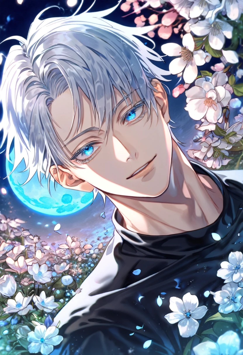 absurdres, highres, ultra detailed, HDR, master piece, Okkotsu Yuuta, white hair, white eyelashes, expressive blue eyes, Jujutsu Kaisen, sexy man, handsome, best quality, blue moon, flowers, fantasy, magical, solo, water, blue shining fireflies, blue petals, black tight shirt, handsome smile,