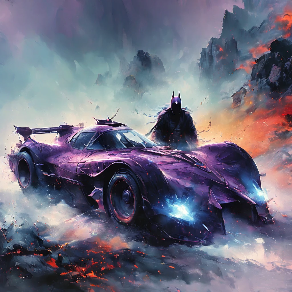 (masterpiece, 8K, UHD, high resolution: 1.4), (retro-futuristic Batmobile inspired by 80s cars: 1.3), (neon lights and vivid color details: 1.3), (sleek and angular design: 1.2), (Batman standing next to the car, ready for action: 1.2), (dark and brooding atmosphere: 1.2), (neon-lit cityscape in the background: 1.1), (glowing accents in purple, blue, and red: 1.2), (dynamic pose and intense expression: 1.2), (atmosphere of anticipation and readiness: 1.3), (detailed and intricate design: 1.3), (elements of retro and futuristic aesthetics: 1.2), (immersive and dramatic perspective: 1.3)