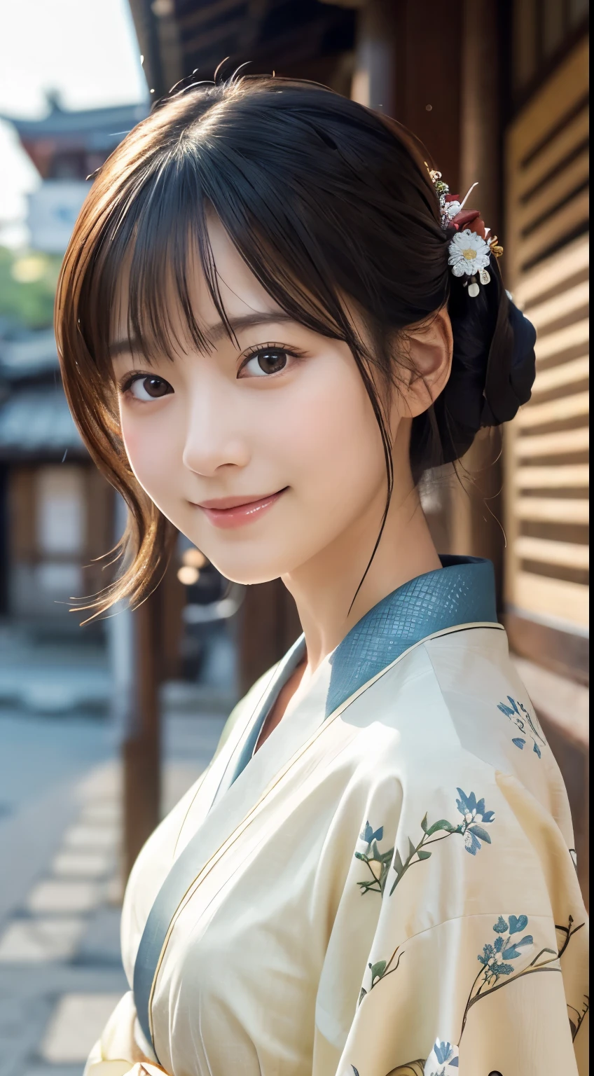 Professional Lighting,(Realistic:1.4), (Top image quality:1.0), (超High resolution:1.0), 8K, Raw photography, (masterpiece:0.2), (Dealing with the Children_v1:0.5)、(最高quality Detail:1.2)、Realistic、8K Ultra HD、High resolution、(1 Girl:1.2)、超detailedな、High quality textures、複雑なdetailed、detailed、Very detailed CG、High quality shadows、detailed 美しく繊細な顔、Beautiful details and a delicate eye、(Symmetrical eyes:1.2),Written boundary depth、Ray Tracing,1 Girl, Japanese Girls, (Natural smile:1.4),cute, thin, Portrait of a beautiful Japanese woman in a kimono, Standing elegantly on a street corner in Kyoto. Kimono with vibrant traditional patterns, Hair decorated with elegant and delicate hairpins, Gentle expression. (With the old streets of Kyoto in the background:1.4)、The soft light of a spring afternoon、Adding tranquility to the scene. Rendered in a Realistic style with great attention to detail, High resolutionの画像.Sky Porn, Magic Hour, (Realistic:1.3), finely, quality, (Tabletop:1.2), (Realistic:1.2), (最高quality), (複雑なdetailed), dramatic, Ray Tracing, photograph, +roller