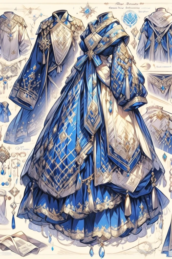 There are a lot of close-ups of dresses in different designs, very detailed and rich clothing, royal robe, Rococo dress, Robe. extremly high detail, intricate costume design, highly detailed exquisite fanart, Highly detailed character design, Detailed clothes, dress in the style of rococo, Robes! Intricate, Costume with blue accents, adorned in majestic attire, imperial royal elegant clothing