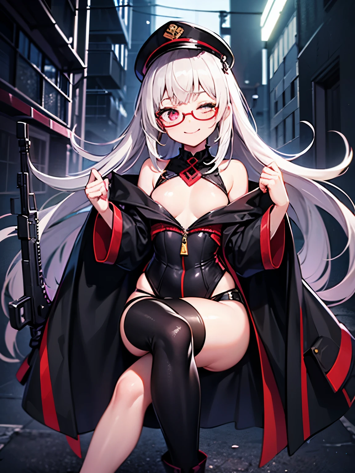  Albino, girl, back alley, dark, bright with neon lights, small breasts, pink eyes, glowing eyes, black clothing, gold decorations, submachine gun, legs crossed, close, looking this way, cool, dark shadow, white hair, wearing a hat, military uniform, weapon, long hair, smiling, rugged mask, thin legs, slim waist, eyes closed, thick coat, platform boots, rimless glasses, bare shoulders, bare belly button, long bonnet, older woman, cleavage