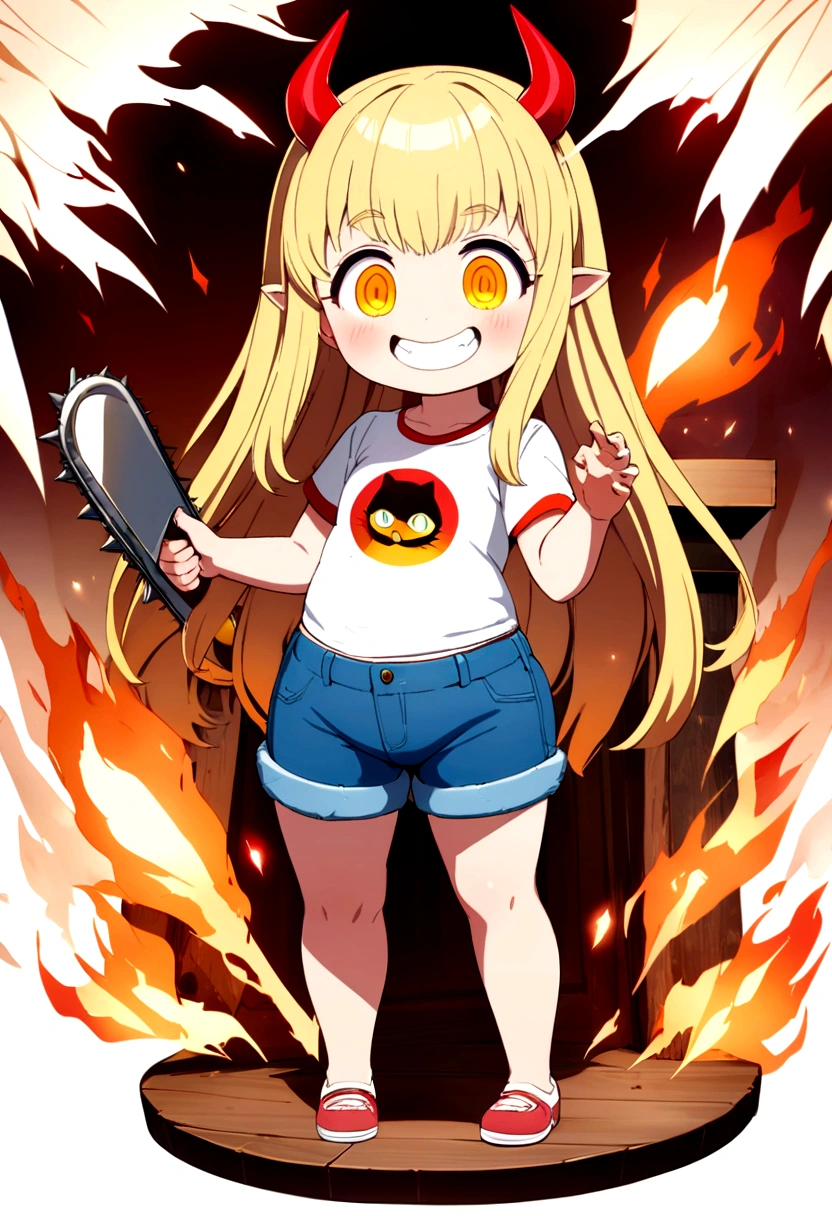 ultra clear image, comely figure, comely, Full length (full body 1.1.), fine legs, Buttocks, fine legs, vespa waist, erotism, pose sexy, Mouth open in a smile, sharped teeth, giggling, yellow eyes, ultra detailded face, Ultra Transparent, Chainsaw man energy, Two sharp red horns on the head, ultra clear image, very comely, long hair, blond, comely figure, tight clothing, T-shirt with an image of a cat, Shorts jeans, shoe, Red crosses and circles instead of students, Body cute, sensual clothes, olhos comelys, very detailded eyes, Very detailded face, Body cute, Cheerter Design, Very detailded, detailded body, detailded hands, detailded, Ablaze, detailded Face, sharp focus, clap, artegerm, anime art, Ablaze, detailded Face, Hugo Details, sharp focus, Very haggard face, detailded eyes, super adorable illustration, best shade, fine-details, comely detail