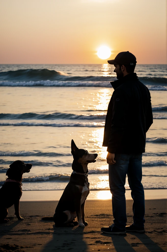 Two people talking under a horizon starting to get dark and a little dog watching them