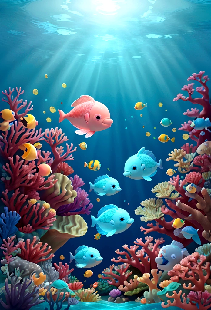 Illustration of an adorable couple. Background under the sea、Background under the seaで記念写真、looks fun、fish、Dolphin、Coral Reef、Full HD, focused on cinematic touches, Disney Pixar Animation&#39;s Develop