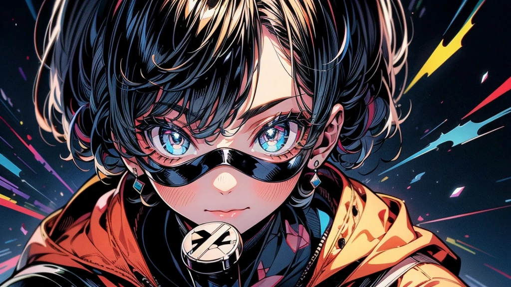 High resolution digital art style with vibrant colors and sharp lines BREAK Characters sitting、An oblique perspective of a man facing slightly upwards towards the viewer BREAK A young male character with thinning hair, Blue eyes, Geometric clothing, Modern sneakers BREAK A complex background made up of a maze of orange and black circuit-like patterns.