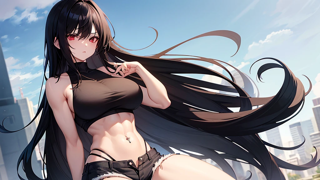 1 girl, muscular, black hair, red eyes, pale skin, solo, very long hair, curvy, wide hips, thick thighs, huge breasts, (black tank top and black jean booty shorts), sultry, navel piercing, midriff abs
