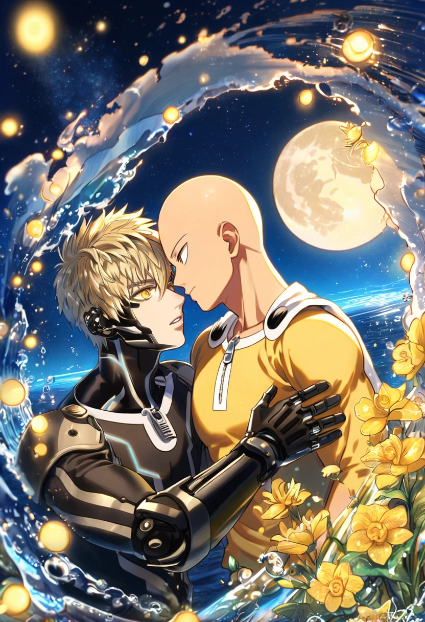 absurdres, highres, ultra detailed, HDR, master piece, best quality, extremely detailed, Genos, ash-blonde hair, expressive yellow eyes, One Punch Man, Saitama, expressive brown eyes, two sexy men together, gay couple, yaoi, handsome, black clothes, fantasy, water, sparkling, yellow glittering fireflies, moon, yellow flowers, magical, starry sky