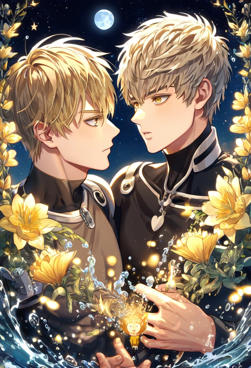 absurdres, highres, ultra detailed, HDR, master piece, best quality, extremely detailed, Genos, ash-blonde hair, expressive yellow eyes, One Punch Man, Saitama, expressive brown eyes, two sexy men together, gay couple, yaoi, handsome, black clothes, fantasy, water, sparkling, yellow glittering fireflies, moon, yellow flowers, magical, starry sky